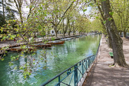 Annecy Chanal with touristic boatsの写真素材