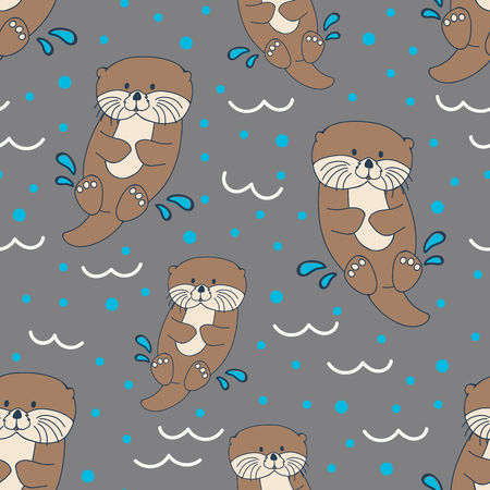Cute Otters in the Sea Pattern Seamless Repeating Vector Illustration Backgroundのイラスト素材