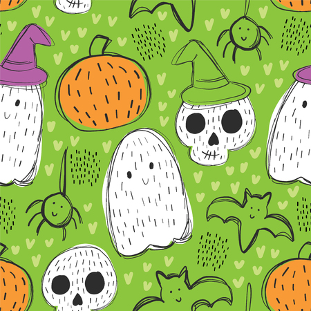 Cute Halloween Doodles Pattern - Ghost, Skull, Spider, Pumpkin, Bat - Seamless Vector Repeating Illustration Backgroundのイラスト素材