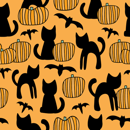 Orange Halloween Pumpkins and Black Cats Pattern - Seamless Repeating Vector Illustration Backgroundのイラスト素材