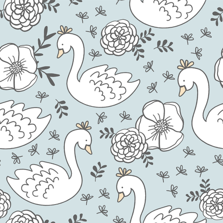 Sweet Swans and Flowers Seamless Pattern Vector Illustrationのイラスト素材
