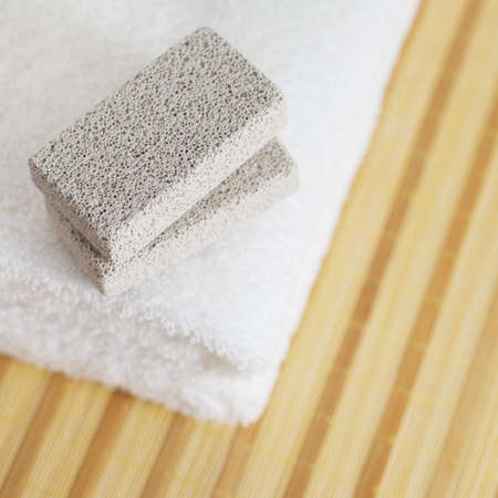 Bath products being displayed on a bamboo mat.の写真素材