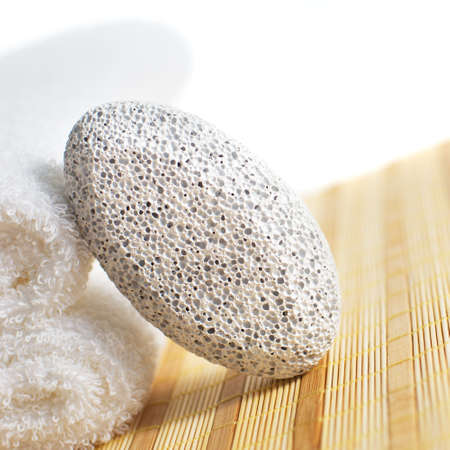 Bath products being displayed on a bamboo mat.の写真素材