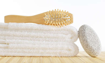 Bath products being displayed on a bamboo mat.の写真素材