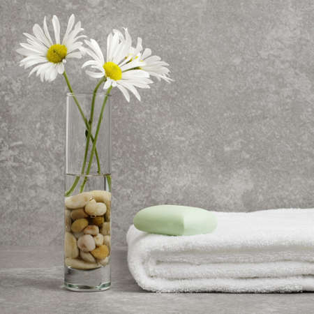 Spa display against a gray stone background.の写真素材