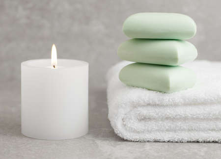 Spa display against a ganite stone backdrop.の写真素材