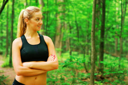 Blonde haired woman exercising, from a complete series of photos.