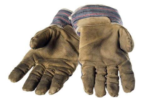 There are two constructional gloves on white backgroundの写真素材