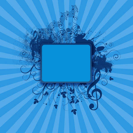 Blue empty frame with flowers and music ornaments on sun backgroundの写真素材