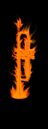 There is a musical instrument trumpet, on flamesの写真素材