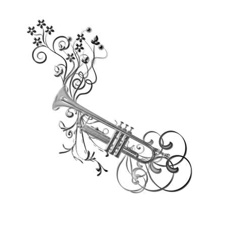 There is a musical instrument trumpet, flowers and leavesの写真素材