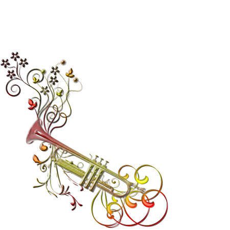 There is a musical instrument trumpet, flowers and leavesの写真素材