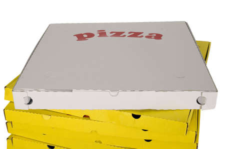 There are many pizza boxes on white background, difference another color boxの写真素材
