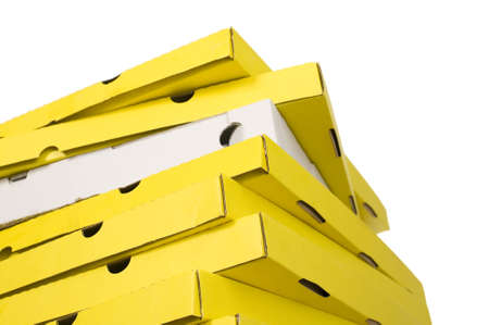 There are many pizza boxes on white background, difference another color box