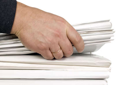 Man hand and block of documents on white background