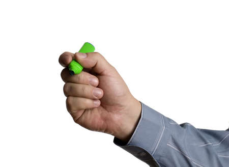 Man is holding a pen on white background