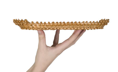 Man is holding tray on white backgroundの写真素材