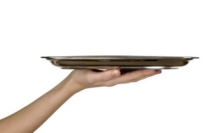Man is holding tray on white background