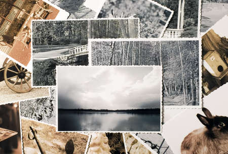 Composition of a lot of pictures with ornamented edges on tableの写真素材