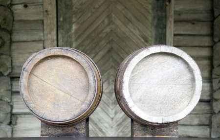 Wooden old barrels for cold and refreshing beer, food and history conceptの写真素材