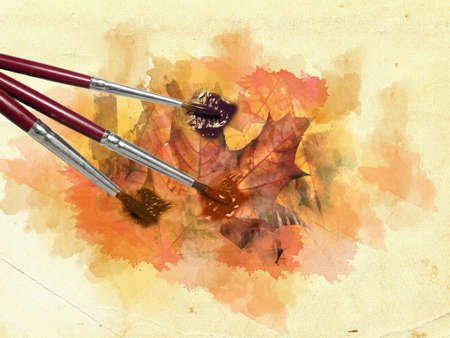 Brush painted leaves of tree on grunge backgroundの写真素材