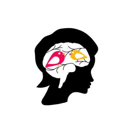 Inside a head of woman is nature, birds, leaves and branchesのイラスト素材