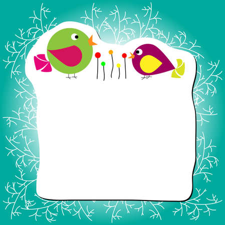 Two birds is standing near flower, frame with branches on edges, vectorのイラスト素材