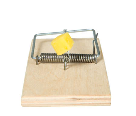 A mouse trap with cheese on itの写真素材