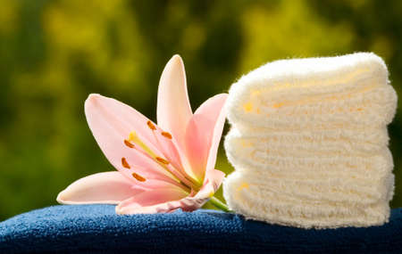 Blue and white towels with flower on green nature backgroundの写真素材