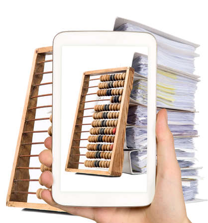 Man is taking photo of documents with smart mobile phoneの写真素材