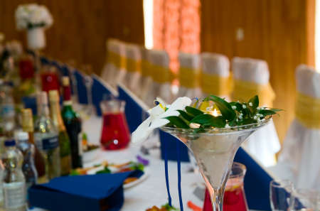 Table prepared for wedding banquet with dishesの写真素材