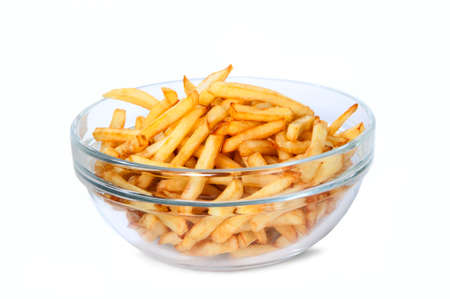 Fried french fries chips in white isolated background