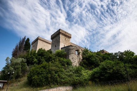 narni, italy may 23 2020: fortress of albornoz on the hill above narni with panoramic view of the ternana basinのeditorial素材