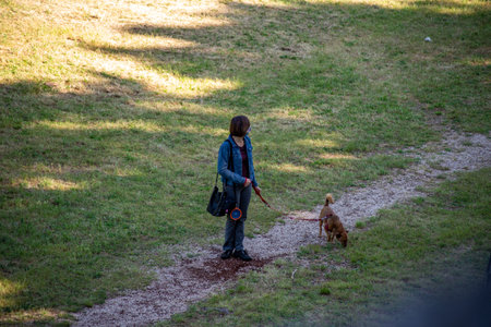 terni,italy june 01 2020 :woman strolling with her dog at park in the morningのeditorial素材