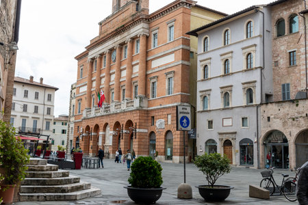main square of foligno where there is the municipality and the churchのeditorial素材