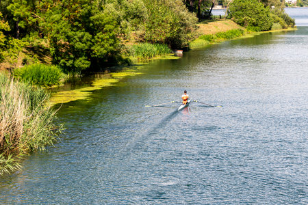 piediluco,italy june 22 2020:velino river which opens onto piediluco lake with rowing vestsのeditorial素材