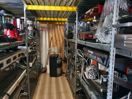 aisle of a warehouse of coffee machinesのeditorial素材