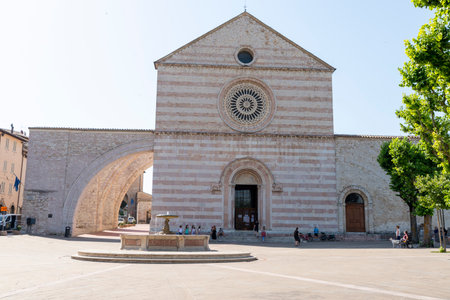 assisi,italy july 11 2020 :basilica of santa chiara di assisi and its architectureのeditorial素材