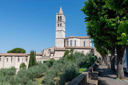 assisi,italy july 11 2020 :panorama of the basilica of santa chiara di assisiのeditorial素材