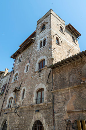 assisi,italy july 11 2020 :architecture of streets and buildings in the historic center of assisiのeditorial素材