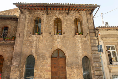 assisi,italy july 11 2020 :architecture of streets and buildings in the historic center of assisiのeditorial素材