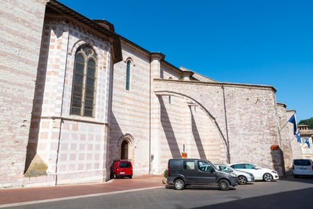 assisi,italy july 11 2020 :basilica of santa chiara di assisi and its architectureのeditorial素材
