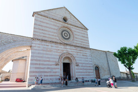 assisi,italy july 11 2020 :basilica of santa chiara di assisi and its architectureのeditorial素材