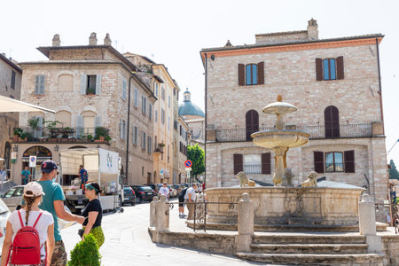 assisi,italy july 11 2020 :piazza del common of assisi in the center of the townのeditorial素材
