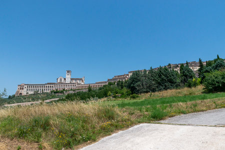 assisi,italy july 11 2020 :landscape of assisi seen from outside the countryのeditorial素材