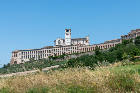 assisi,italy july 11 2020 :landscape of assisi seen from outside the countryのeditorial素材