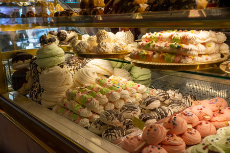 assisi,italy july 11 2020:wonderful desserts in the pastry shopのeditorial素材