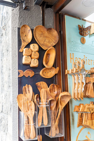 assisi,italy july 11 2020:handmade wooden kitchen utensilsのeditorial素材