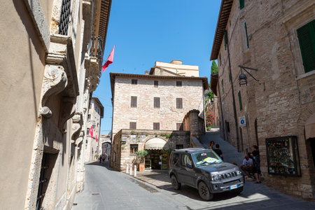 assisi,italy july 11 2020 :architecture of streets and buildings in the historic center of assisiのeditorial素材