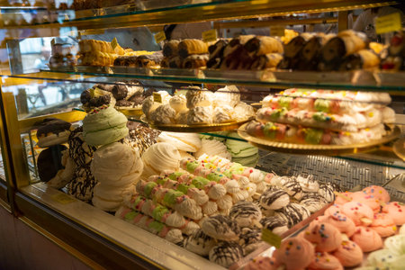 assisi,italy july 11 2020:wonderful desserts in the pastry shopのeditorial素材